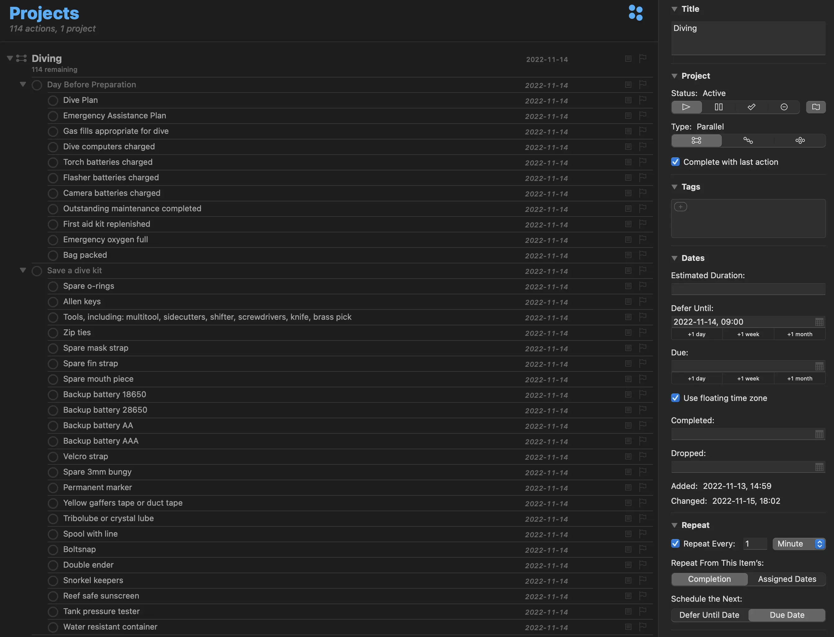 OmniFocus Pre Dive Checklist